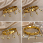 Exquisite Inlaid Zircon Starfish Turtle Pendant Stainless Steel Cuff Bracelet Bangle